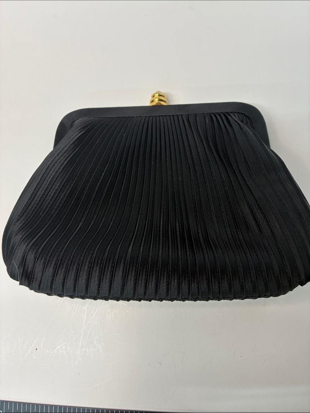 Black Pleated Satin Evening Clutch with Gold Kiss Lock - Picture 5 of 5